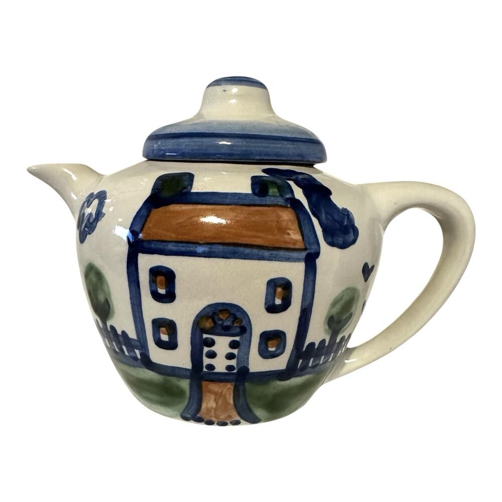 VTG M A Hadley House Teapot Stoneware Hand Painted Farmhouse Signed W/Lid USA